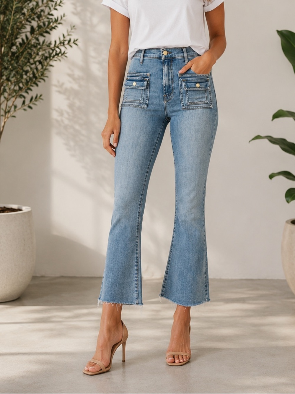 MOTHER High Rise Patch Pocket Cropped Flare Jeans Light Wash Size 24